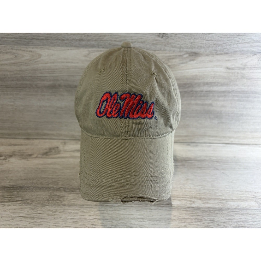Vintage NCAA Ole Miss Distressed Strapback Hat Cap Mens Adjustable Beige